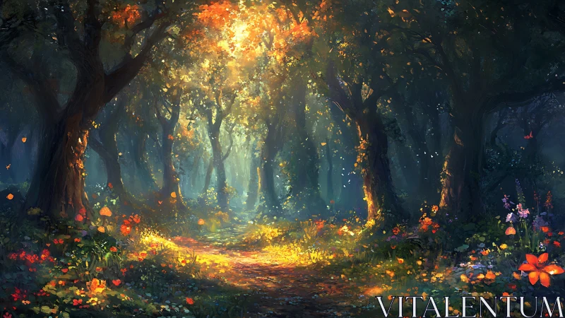 Forest pathway with autumn foliage and luminescent atmospheric conditions.