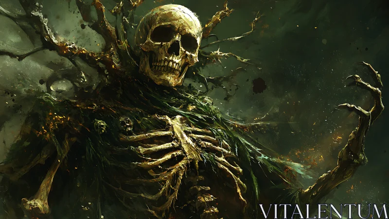 Skeletal forest wraith rises through rotting roots and mist.