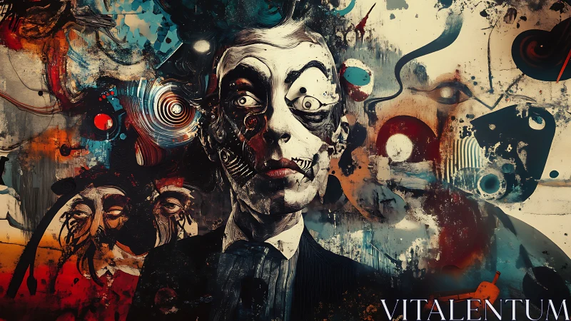 Distorted suited figure dissolves into chaotic abstract vortex