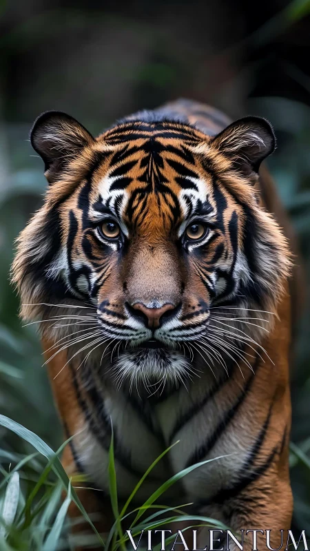 Front-facing tiger stands in dense vegetation and stares ahead
