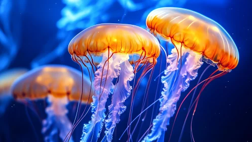 Orange jellyfish in blue aquatic environment, side view.