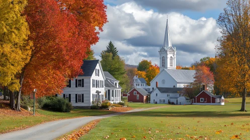 White church and houses sit among vivid autumn foliage