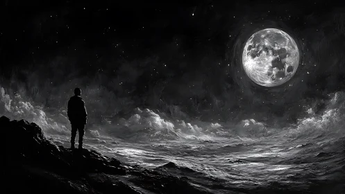 Lone silhouette drinks in moonlit waves under ink-black sky