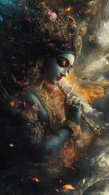 Digital painting of divine flutist in swirling cosmic regalia.