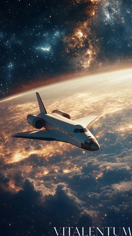 Orbital spaceplane gliding above illuminated cloud deck at dawn.