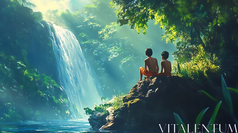 Sunlit children overlooking luminous jungle waterfall.