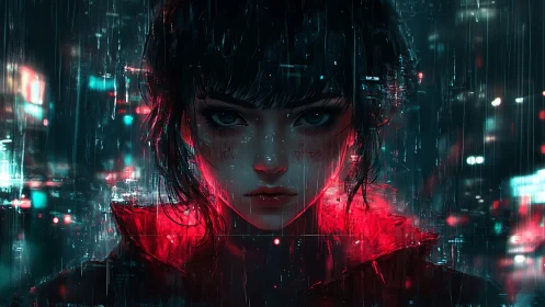 Cyberpunk portrait isolates neon-lit woman with rain-streaked bokeh