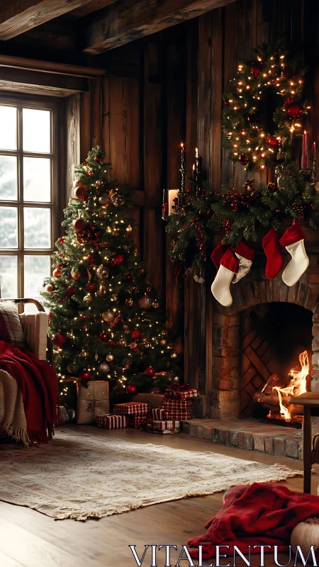 Warm rustic Christmas living room with tree, wreath, and hearth