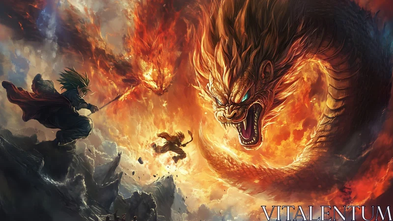 Fiery serpent dragon battle with anime warriors in sky storm.