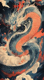 Digital painting of mythic storm dragon in dynamic coil composition.