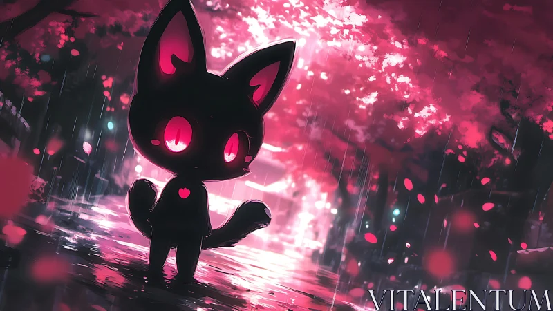 Silhouette cat figure under neon pink rainy street canopy.