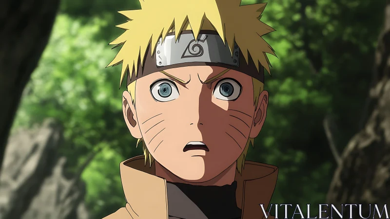 Shocked anime ninja stares ahead in a sunlit forest