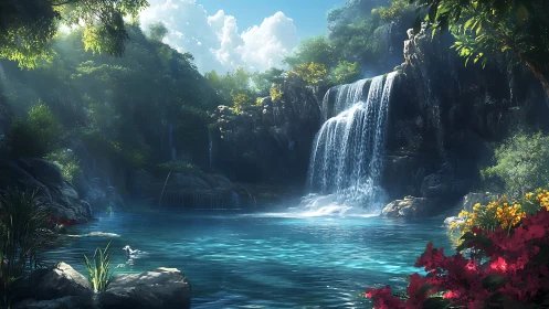 Sunlit tropical waterfall cascades into clear turquoise pool
