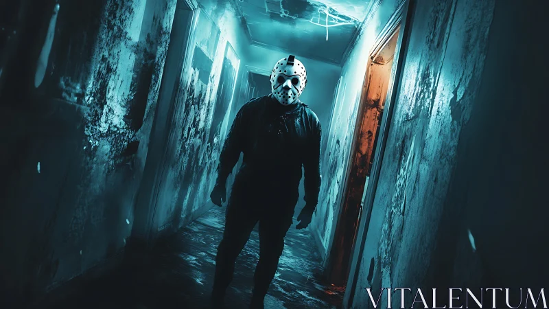 Masked slasher in neon cyan horror corridor lighting study.