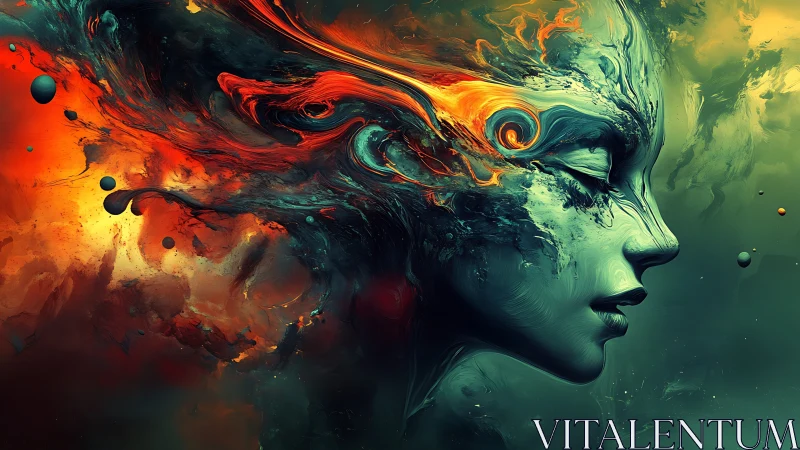 Surreal female profile blended with swirling cosmic fire.
