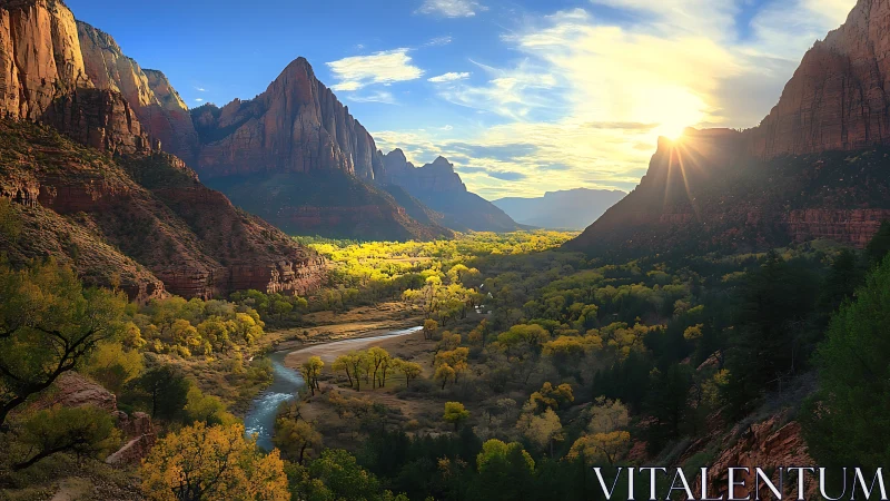 Sunlit canyon valley with winding river at golden hour