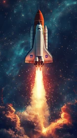 Space shuttle launch against star-filled night sky.