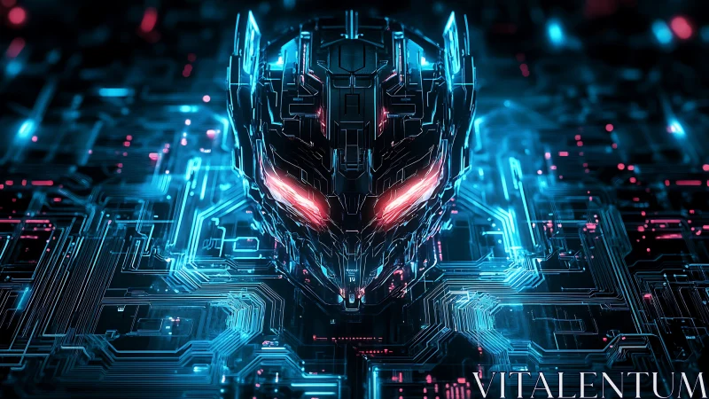 Cybernetic skull emerging from neon circuit board matrix.