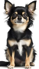 Photorealistic long haired chihuahua portrait on white background.