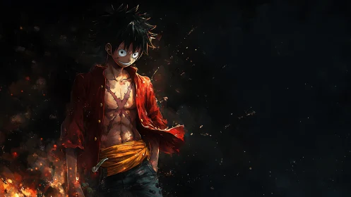 Straw-hatted warrior strides through burning embers, defiant