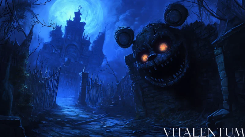 Moonlit haunted castle path with demonic animatronic wall face