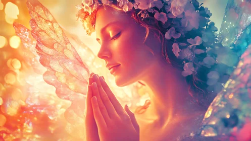 Digital painting of luminous praying fairy in floral corona.