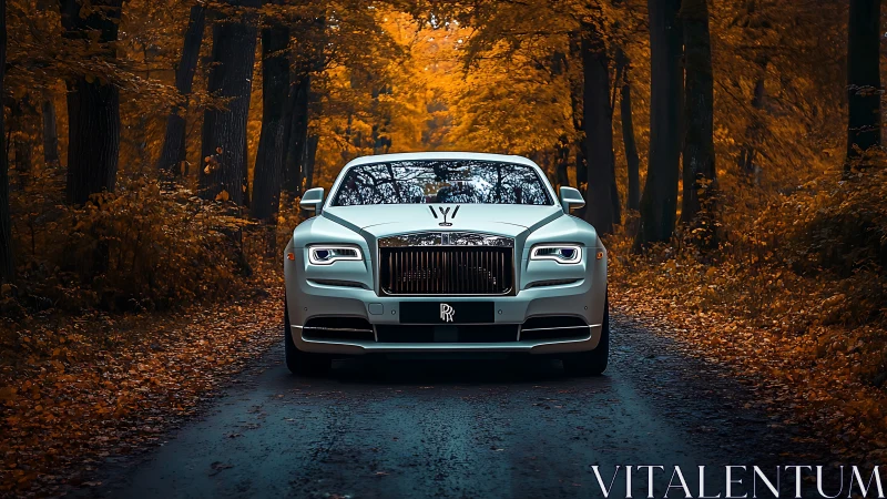 White luxury coupe stands centered on narrow forest road