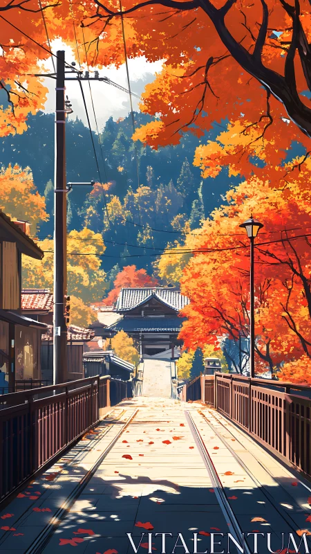 Quiet bridge in bright autumn Japanese village street.
