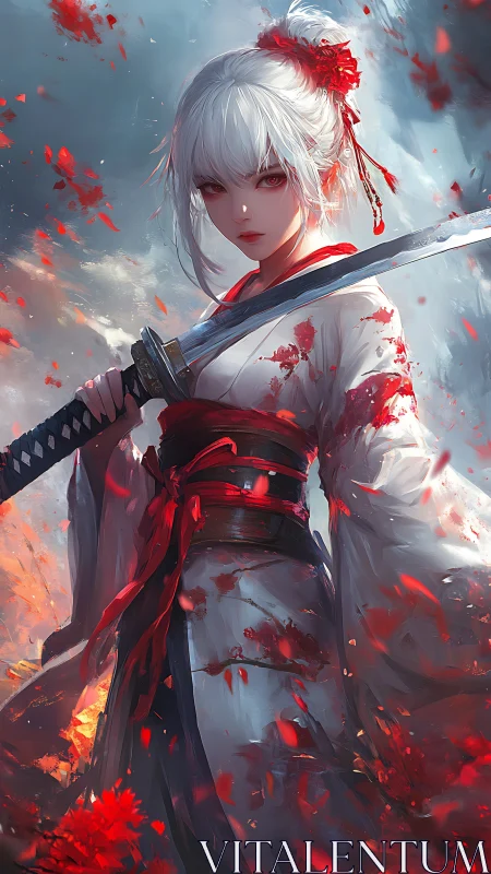 White haired samurai woman amid scarlet petal storm.