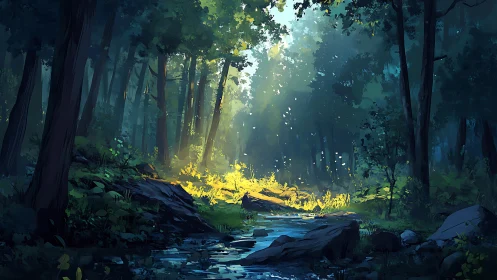 Luminous Forest Glade: Atmospheric Light Diffusion Through Canopy