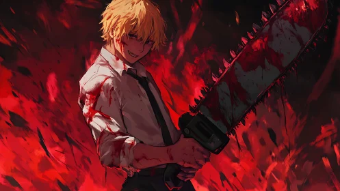 Blood-soaked anime antihero wielding chainsaw amid inferno