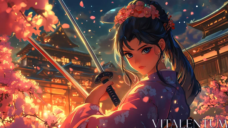 Samurai girl in kimono with swords under cherry blossoms.