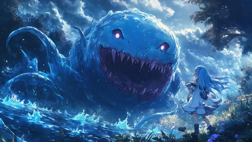 Anime fantasy showdown with colossal water beast under stormlight.