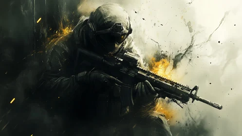 Stormlit commando cradles his rifle in a halo of embers.