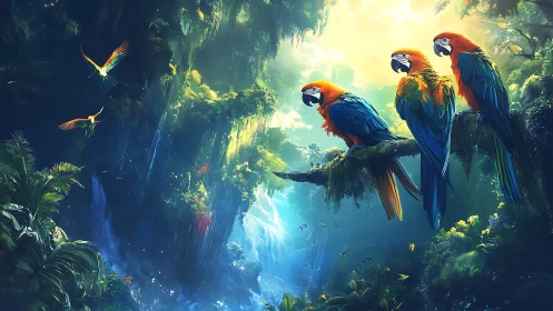 Triad of macaws over bioluminescent rainforest waterfall vista.