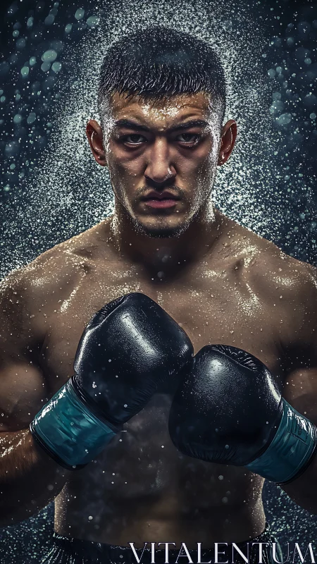 Determined Boxer Emerging Through Rain and Mist