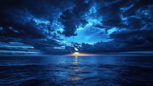 Open ocean horizon under dense twilight cloud field.