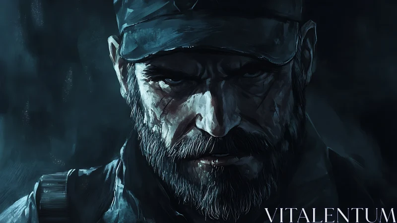 Weathered warrior’s stern gaze in a moody night portrait.