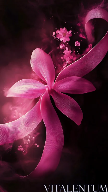 Digital Floral Abstraction with Luminescent Pink Petals and Ethereal Ribbon Elements