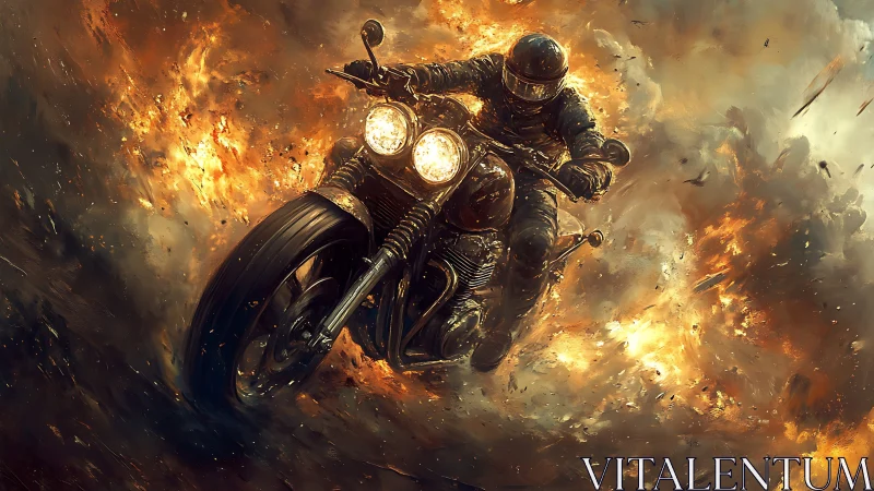 Firelit motorcycle hero rides boldly through a blazing storm