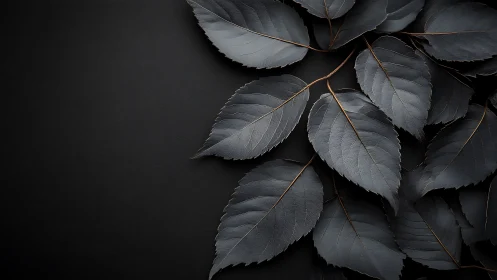 Dark matte leaves spread across a minimalist black background.