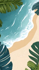 Palm leaves frame a tranquil shoreline where waves whisper
