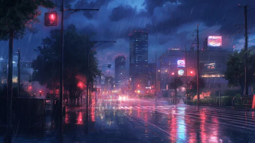 Rainy urban street at night shows wet reflections and signals