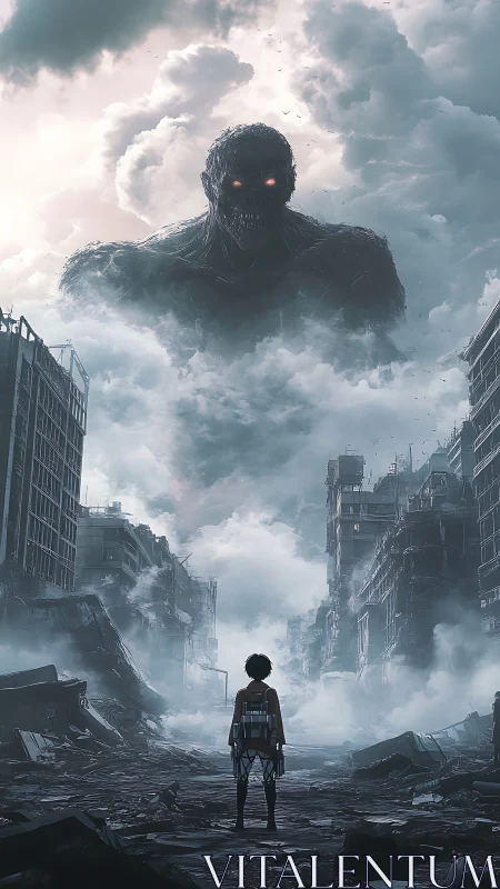 Figure assesses giant cloud-formed entity over ruined city