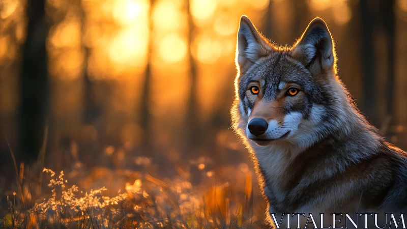 Golden-hour wolf portrait isolates subject with bokeh depth