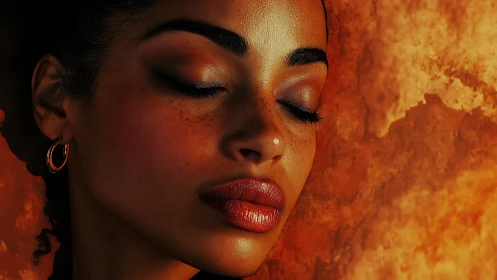 Profile of person with closed eyes against warm textured background.