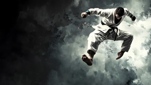 Martial artist executes dynamic airborne kick in chiaroscuro lighting