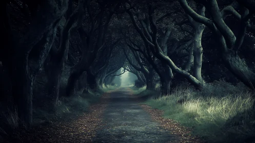 Twisted forest corridor leans inward to guard a misty exit