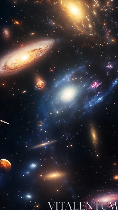 Multi-galaxy deep space vista with nebular dust and starfields