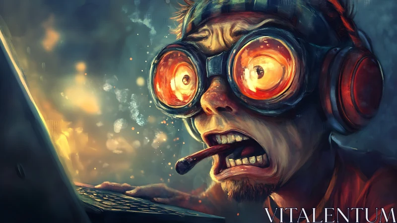 Hyperfocused gamer stares at glowing screen in vivid chaos.